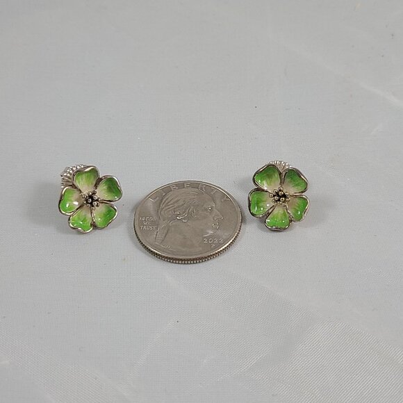 JAi John Hardy Floral 925 Sterling Silver Earrings Studs Green flowers Enamel - Picture 5 of 6